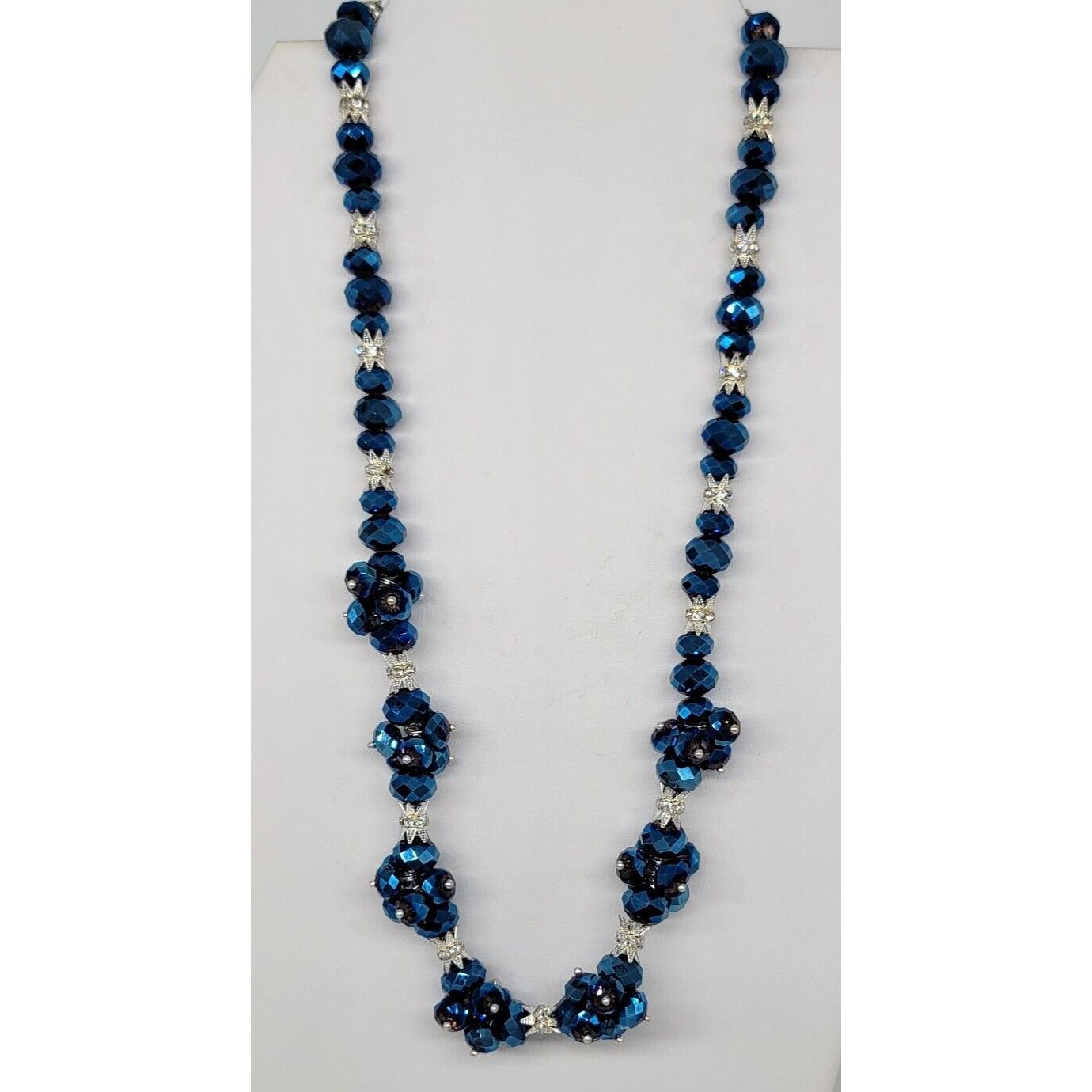 Royal Blue Beaded Metallic Statement Necklace Clear Rhinestones Silver Tone
